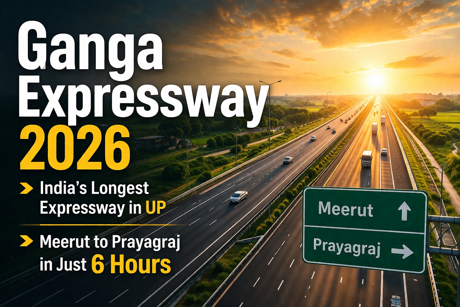 Ganga Expressway 2026 aerial view, modern 6 lane highway from Meerut to Prayagraj with sunrise landscape and fast moving vehicles