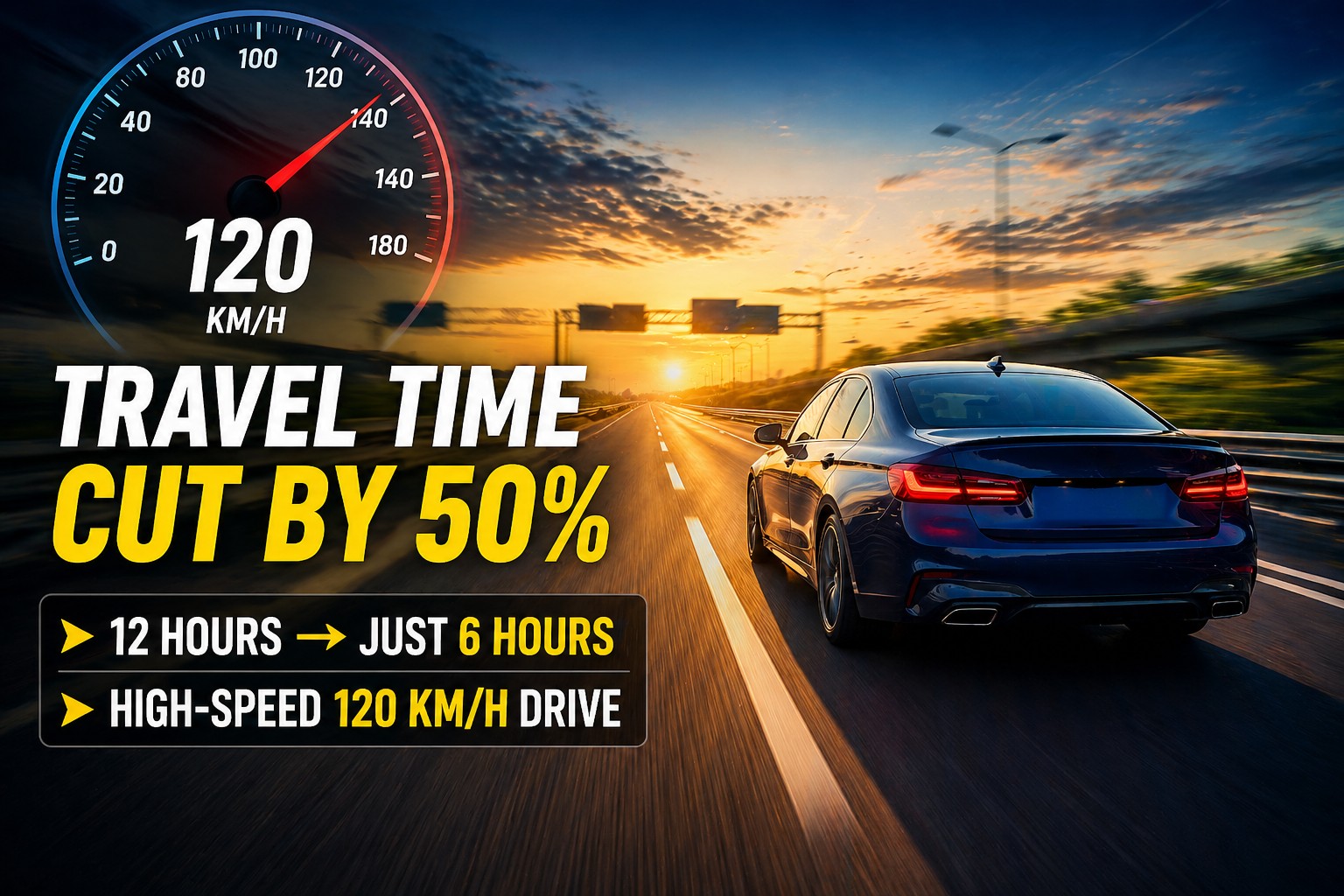 High speed car on Ganga Expressway with 120 kmph speedometer showing reduced travel time from 12 hours to 6 hours