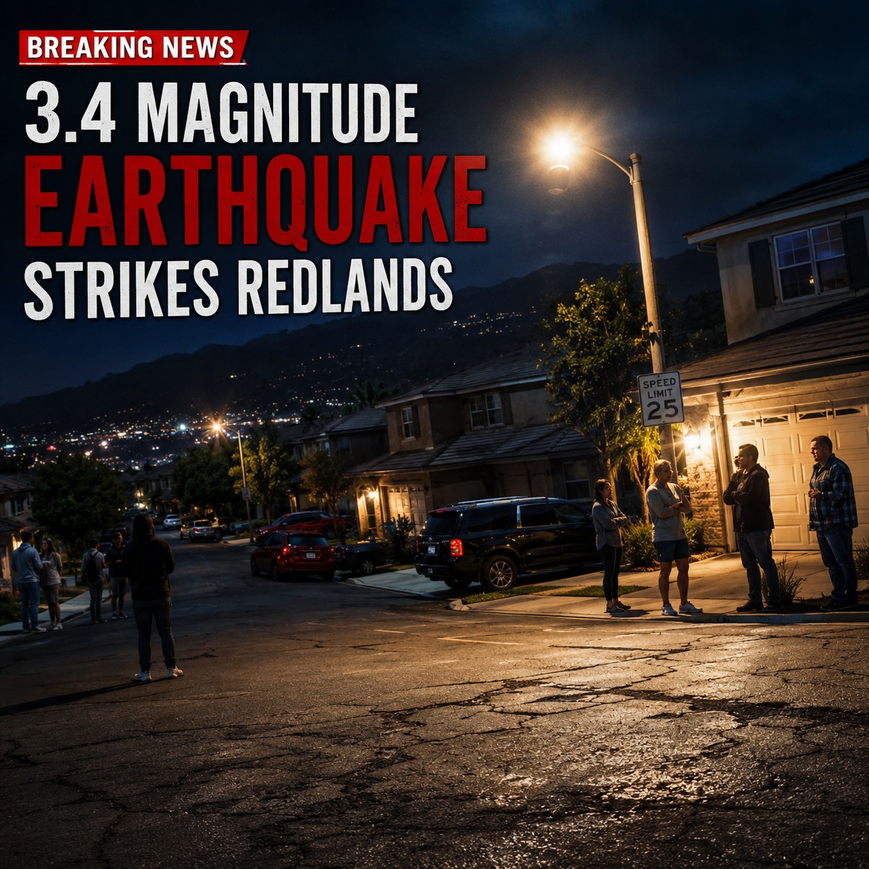 Redlands California neighborhood during a 3.4 magnitude earthquake with residents outside homesRedlands California neighborhood during a 3.4 magnitude earthquake with residents outside homes