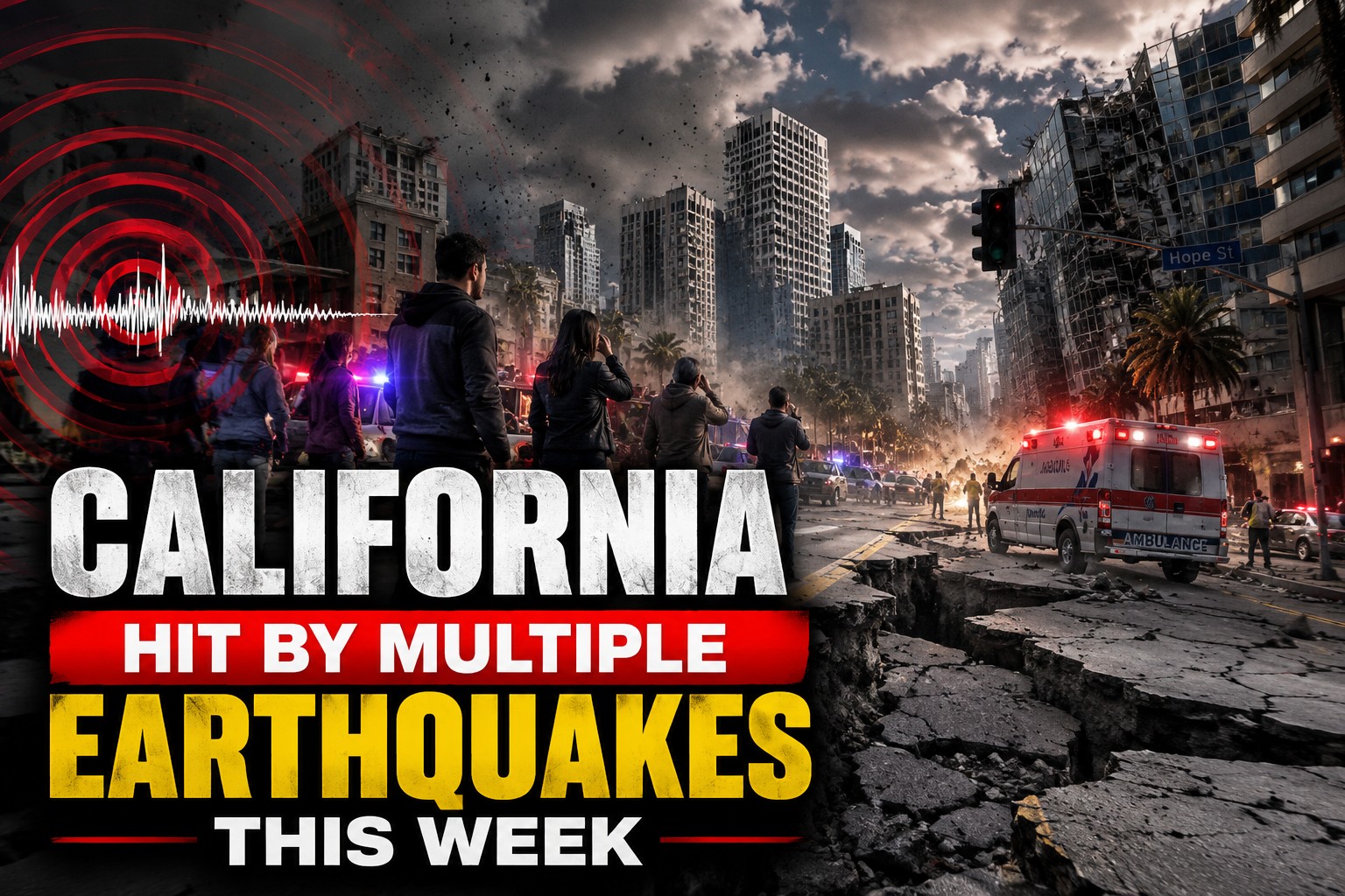 California earthquake scene showing shaking buildings and emergency atmosphere after multiple earthquakes in Redlands and Inland Empire