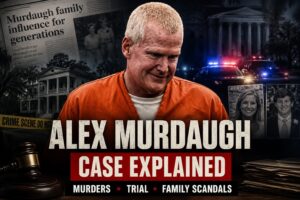 Alex Murdaugh case explained thumbnail showing courtroom drama, murder investigation, family scandals, and true crime documentary style graphics