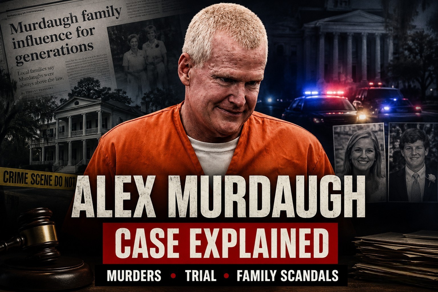 Alex Murdaugh case explained thumbnail showing courtroom drama, murder investigation, family scandals, and true crime documentary style graphics
