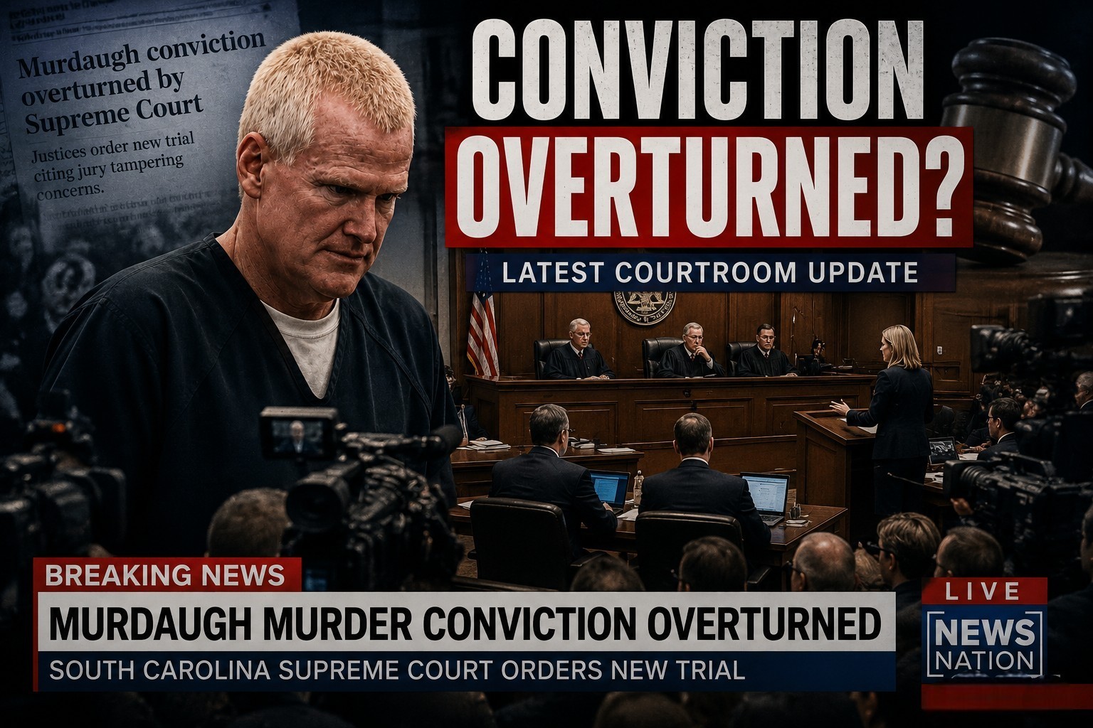 Alex Murdaugh conviction overturned courtroom update image showing judges, trial scene, breaking news graphics, and retrial coverage