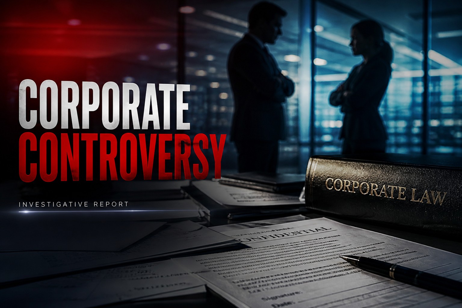 Corporate controversy concept image showing legal documents and workplace tension in 2026 news story