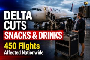 Delta Air Lines cutting snacks and drinks on short-haul flights news image with aircraft at airport