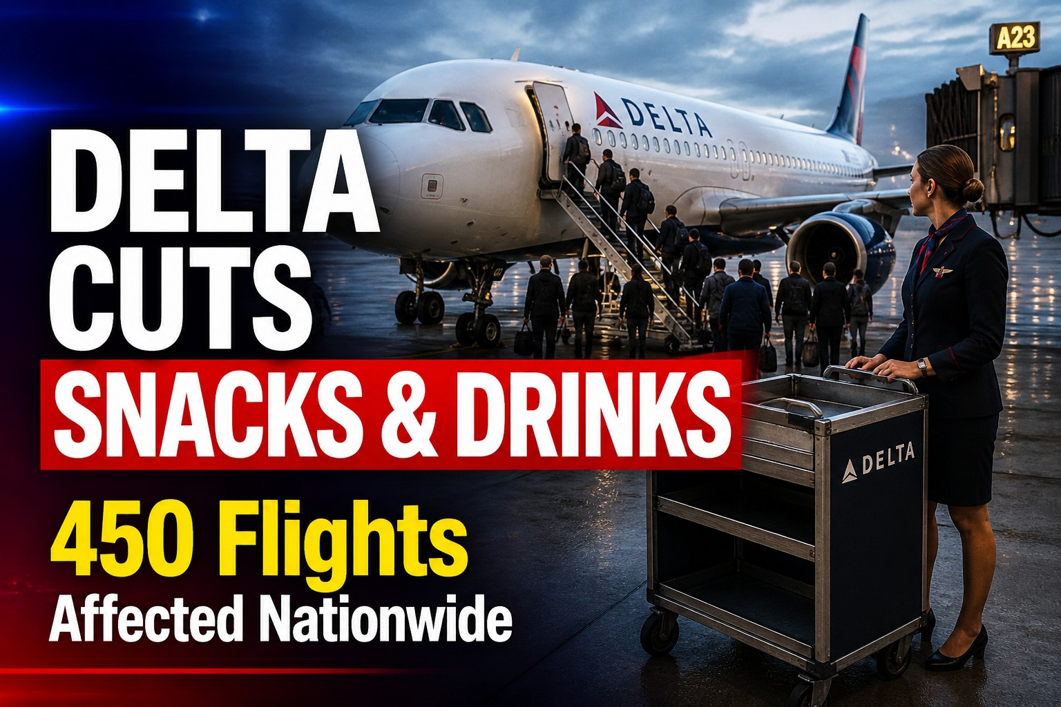 Delta Air Lines cutting snacks and drinks on short-haul flights news image with aircraft at airport
