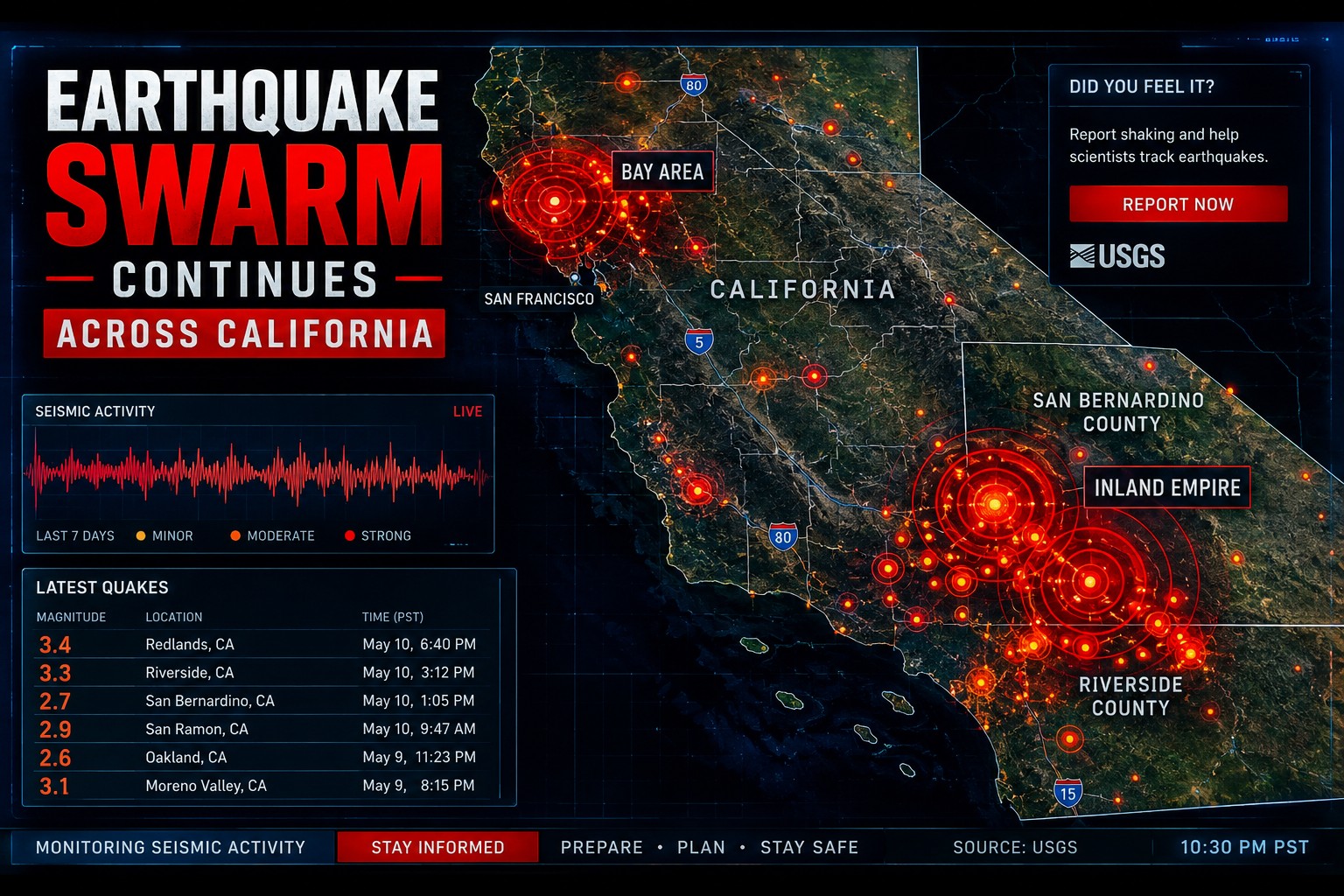 California seismic activity map showing earthquake swarm across Inland Empire and Bay Area