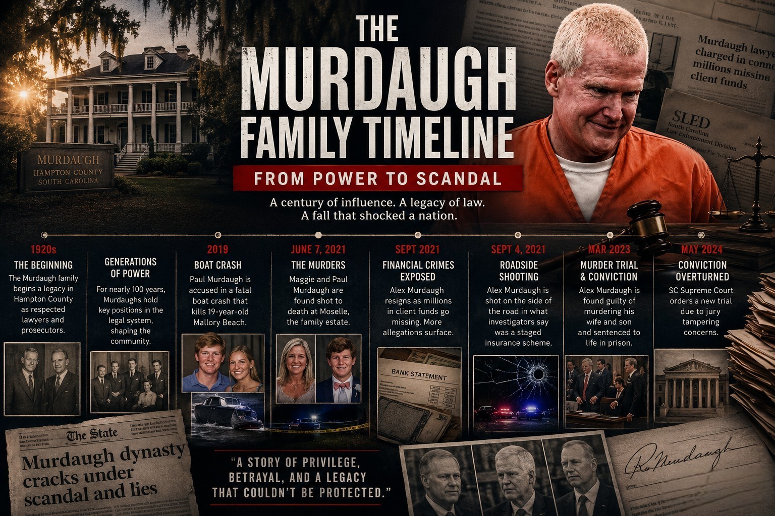 Murdaugh family timeline infographic showing rise and fall of Alex Murdaugh family, murders, financial crimes, and court case updates