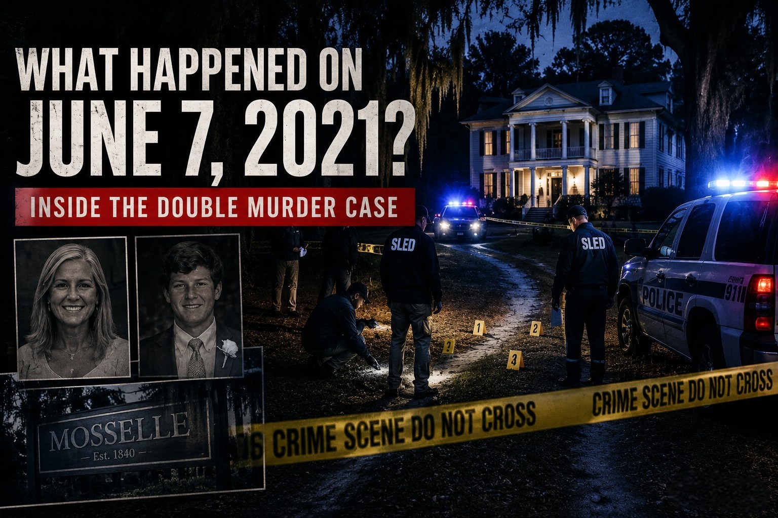 June 7 2021 Murdaugh murder investigation scene with police lights, crime scene tape, Moselle estate, and detectives in South Carolina