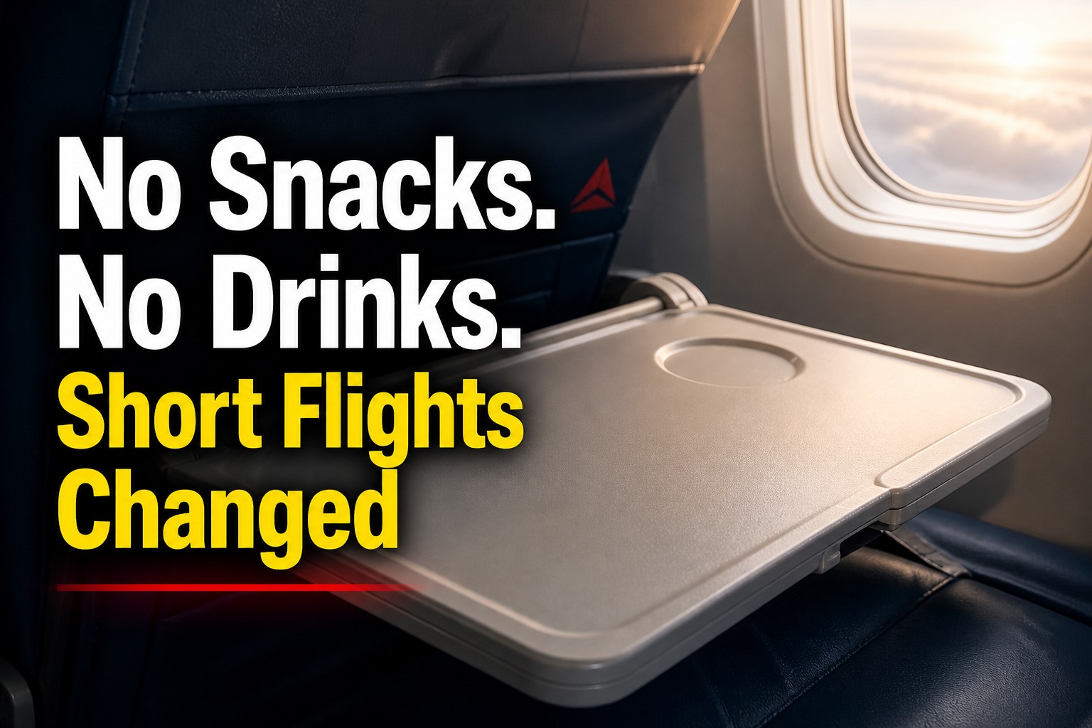 Empty airplane tray table showing no snacks or drinks on Delta short flight