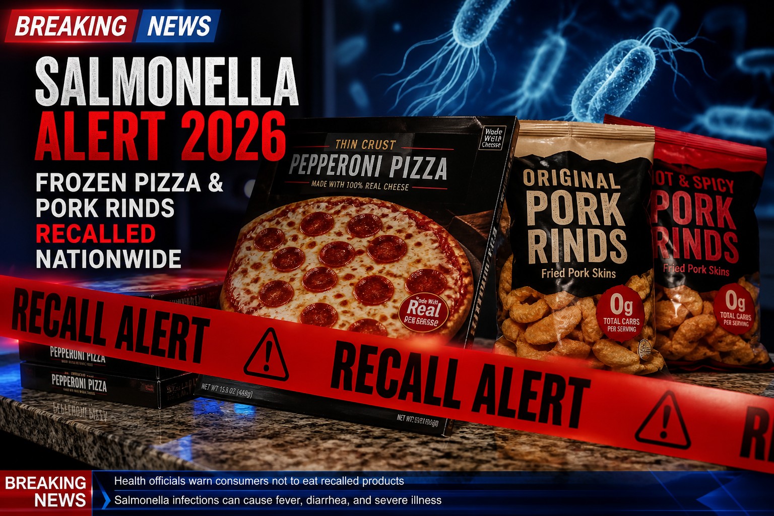 Salmonella alert 2026 frozen pizza pork rinds recall USA news