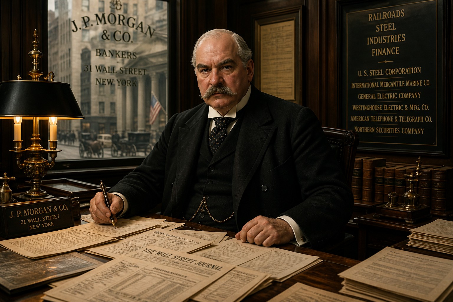 J P Morgan in early 1900s banking office representing origin of JPMorgan story